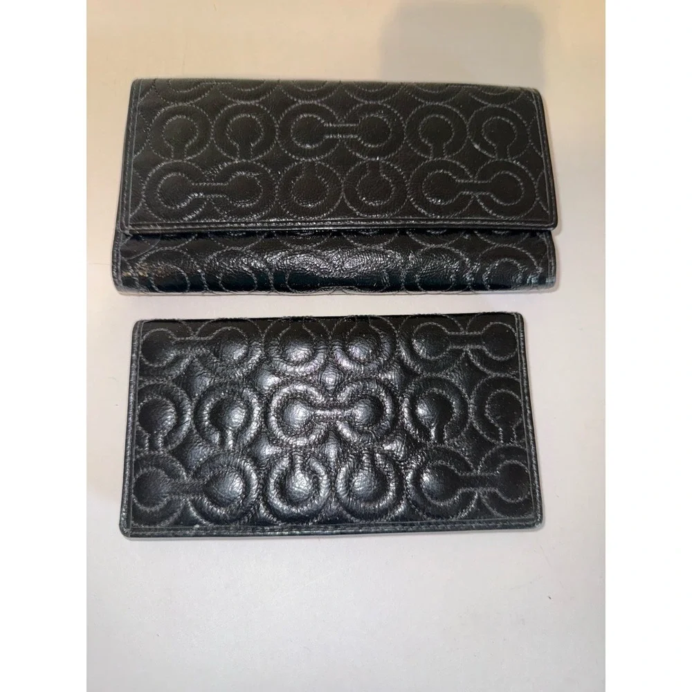 Coach Black Patent Leather Tri-Fold Wallet And Check Book C Embossed